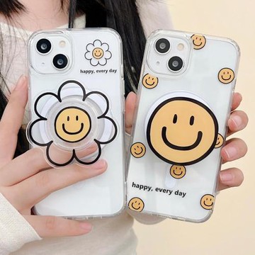 花朵笑臉磁吸支架手機殼適用蘋果16promax簡約iPhone15Magsafe無線充電14/13情侶12pm防摔11小清新硅膠保護套