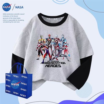 NASA春秋洋氣奧特曼中大童保暖上衣T恤休閑純棉兒童假兩件長袖
