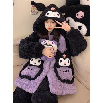 三層夾棉冬季可愛卡通睡衣女2023新款冬天珊瑚絨法蘭絨家居服套裝