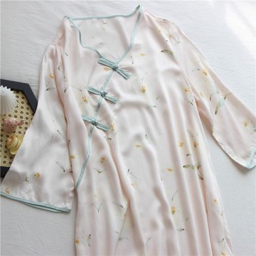 優雅國風 素雅古風溫柔百合 貢緞棉綢柔軟 復古盤口 女士家居裙