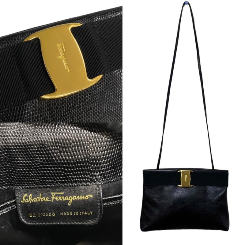 極 美品 Salvatore Ferragamo フェラガモ ヴァラリボン 金具 レザー 本革 ミニ ショルダーバッグ ポシェット ブラック 黒  05220 | LINEブランドカタログ