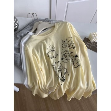 【台灣出貨】 顯瘦大碼 微胖女孩長袖T恤防曬衫女 小狗印花天絲韓系夏日派對 透氣涼感遮肉寬鬆親膚舒適輕薄無負擔