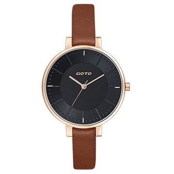 GOTO 緣起不滅簡約時尚手錶-IP玫x黑咖皮/36mm