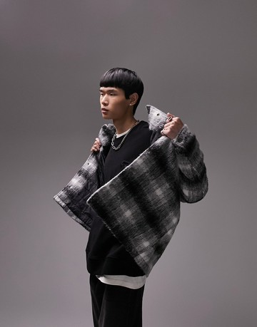 Topman wool blend shacket in black faded check