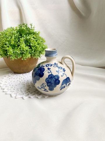 【好日戀物】德國帶回手作鹽釉手繪鈷藍色葡萄花水壺酒壺牛奶壺
