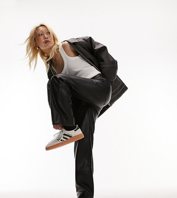 Topshop Petite faux leather tab waist straight leg trouser in black