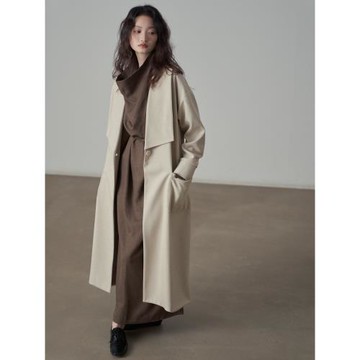 新中式大翻領慵懶風單扣長款長袖人字紋外套風衣大衣2024春季新款