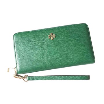Tory Burch - 素面皮革拉鍊長夾 (祖母綠)