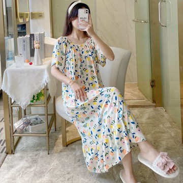 睡衣睡裙女綿綢加長款薄款短袖棉韓版可外穿棉綢裙大碼家居服夏季新款【倪醬】