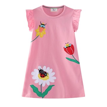 Jumping meters - 棉質圓領小飛袖洋裝-花朵昆蟲-粉色