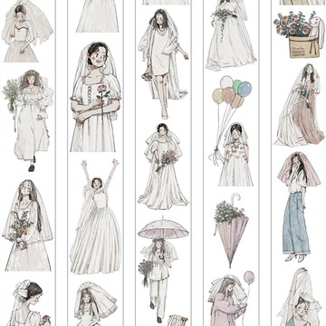 白色頭紗 はなよめ 塩顏繪畫 PET 割型貼紙卷 和紙膠帶 10米卷