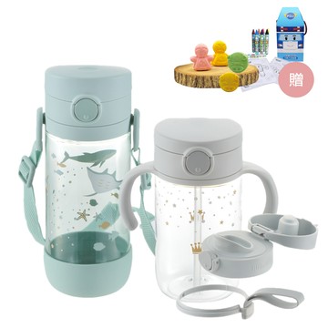 日本 Richell 利其爾 - 【獨賣】幻夢星空吸管直飲水杯套組-灰-320ml+直飲水杯 450mL-綠(贈酵素沐浴劑錠-...