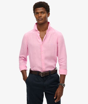 Superdry Men's Vacation Long Sleeved Linen Shirt Pink Size: M