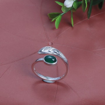 S925純銀綠玉髓孔雀尾戒指 復古開口羽毛 樹葉食指環女百搭名族風