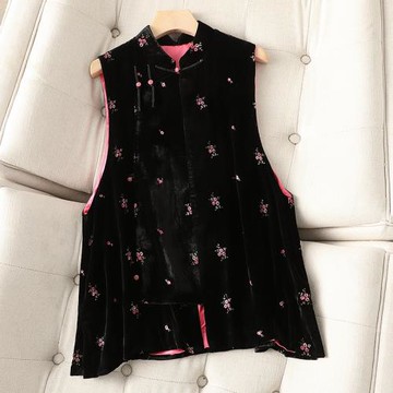 2025年新款春秋桑蠶絲刺繡馬甲女上衣新中式國風真絲絲絨背心外套