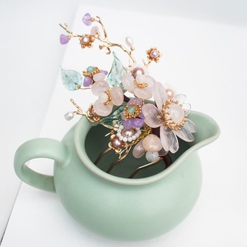 清月鹿鳴原創古風天然粉晶發梳配飾漢服旗袍插梳發飾復古仙氣發釵