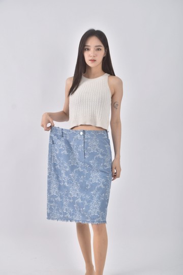 (XL) heraya質感棉質花紋藍色長裙