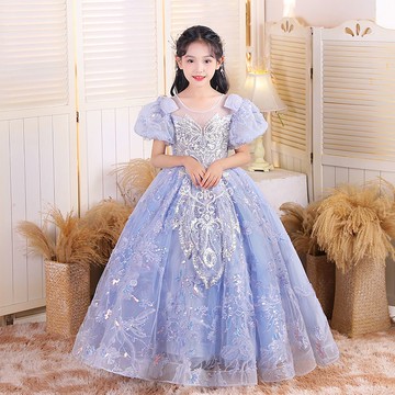 兒童禮服生日藍色女童公主裙高端洋氣小主持人走秀鋼琴演奏演出服
