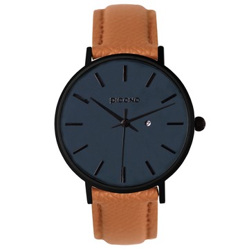 【PICONO】Siempre 簡約黑色法國真皮錶帶對錶手錶-藍色 / SI-10901 男生款
