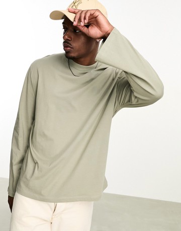 ASOS DESIGN relaxed fit long sleeve t-shirt in washed khaki-Green