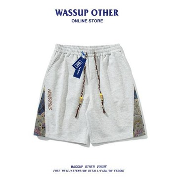 WASSUP OTHER潮牌小熊拼接短褲直筒寬松五分褲夏季復古百搭褲子男