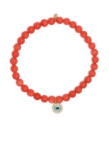 Sydney Evan - 14kt yellow gold Evil Eye coral beaded bracelet - women - glass - One Size - Orange