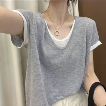 【砂糖夢境】高檔 韓版 夏季 薄款 U領 短袖拼接 上衣 假兩件 寬鬆顯瘦 撞色 新款 T恤 女