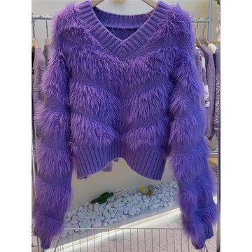 歐貨重磅秋冬新款女裝紫色休閑針織衫毛衣2025高級感小眾長袖上衣