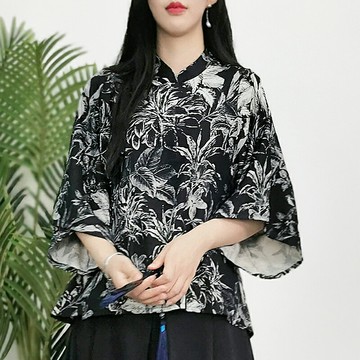 古韻茶服真絲漢服花色禪意女裝 絹紡改良文藝蠶絲國風荷葉袖上衣