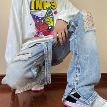 高街牛仔褲男春秋美式復古hiphop褲子街頭嘻哈破洞乞丐褲直筒長褲