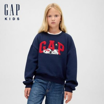 【GAP】女童裝|Gap x Snoopy史努比聯名 Logo刺繡圓領大學T-海軍藍(847949)