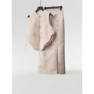 新中式國風禪意套裝女夏季新款復古緞面盤扣馬甲坎肩提花半身裙子