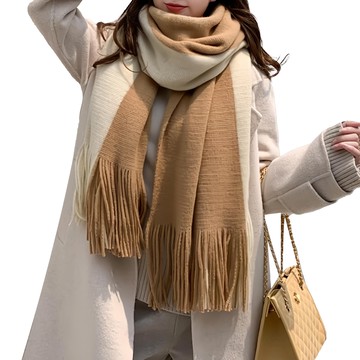 葉子小舖 圍巾 仿羊絨 針織工法  駝色 + 米色  200 x 40cm