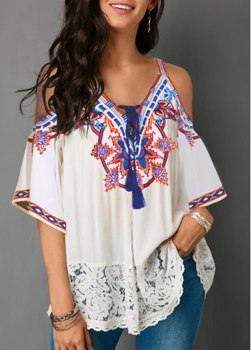 Lace Panel Printed Cold Shoulder Blouse
