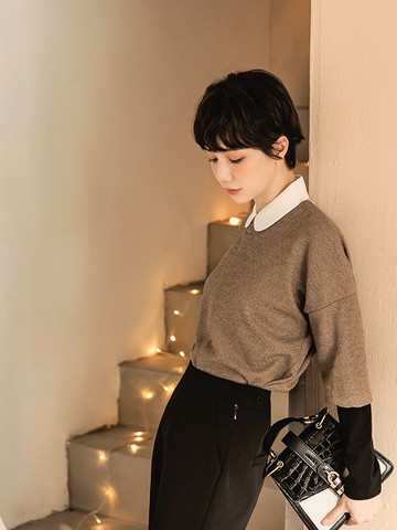 假兩件不易皺溫暖針織撞色長袖上衣