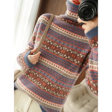 秋冬新款高領套頭條紋復古羊毛針織打底衫女寬松慵懶保暖羊絨毛衣