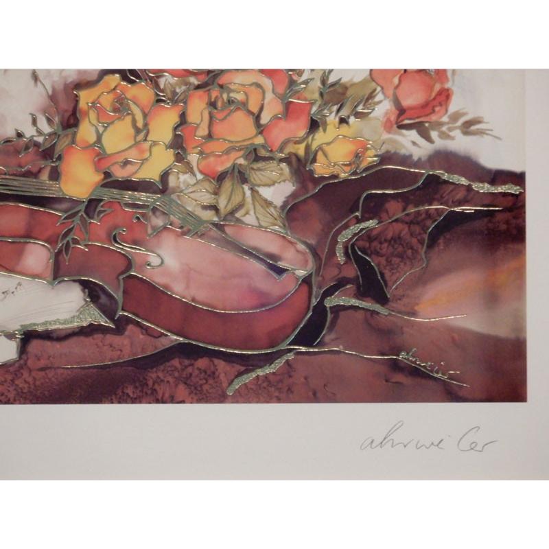 額絵 絵画 アートポスター 「ヴァイオリン＆ブーケ」イタリア製 JHAアンティーク・ゴールド 木製フレーム W468×H367 IG-101 美術館