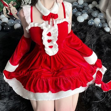 流行E線F112 羅莉塔女僕裝聖誕節洋裝  可愛甜美聖誕服裝 長版裙擺聖誕裝聖誕節衣服 性感修身聖誕服 派對聖誕節套裝