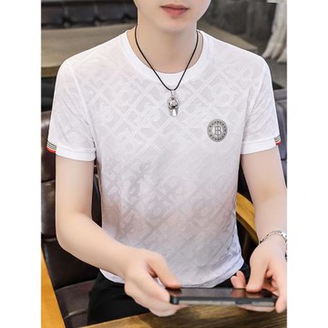 冰絲短袖男士夏季t恤2025新款字母提花半袖打底衫滑料彈力薄體恤