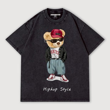 韓系潮流寬褲小熊HIP HOP泰迪熊大圖 男女款做舊水洗純棉落肩短T 台灣獨家美式短T