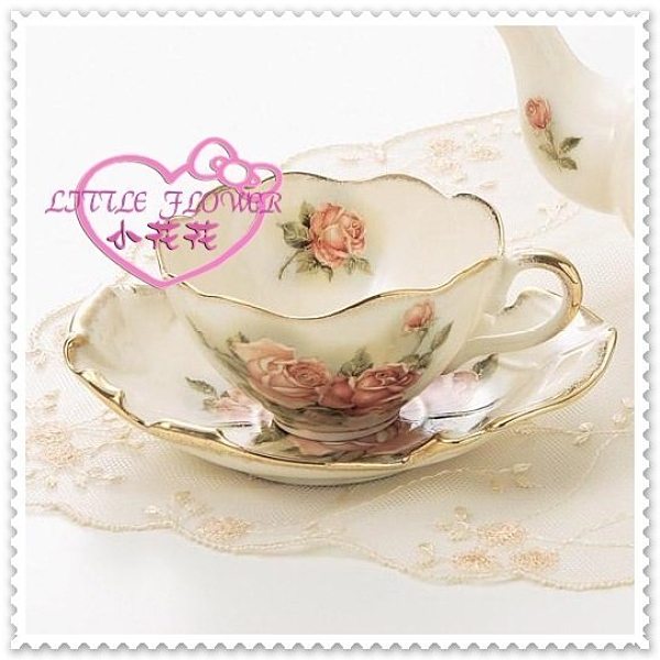 小花花日本精品♥ 咖啡杯盤組 陶瓷杯 下午茶 杯盤組碟+杯 金玫瑰花11165903