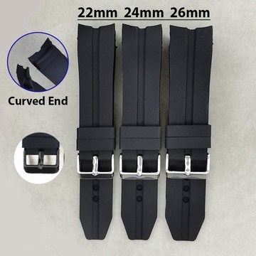 防水矽膠錶帶 22 毫米 24 毫米 26 毫米彎曲末端軟橡膠手鍊通用替換錶帶男士運動皮帶配件