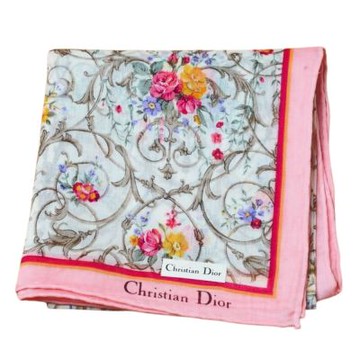 Christian DIOR 巴洛克式卷草紋繽紛花朵字母LOGO圖騰帕領巾(粉紅邊/48CM)