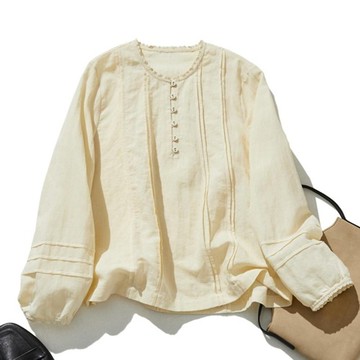 袖口與領口蕾絲點綴的亞麻襯衫 100%亞麻 淺黃色 240402-1