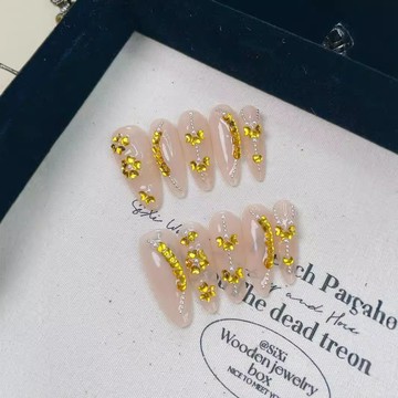 🎀Hannah🎀新品穿戴甲純手工假指甲貼片中長款金箔黃可拆卸批髮成品工廠直髮IOL29