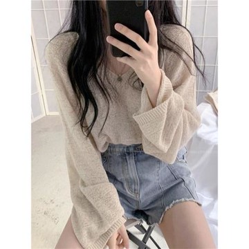 溫柔風V領長袖t恤女早秋慵懶鏤空薄款針織防曬罩衫設計感上衣小眾