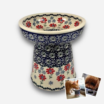 波蘭手繪手工陶-寵物碗 高腳碗 貓咪/小型犬適用 14cm