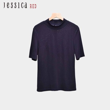 JESSICA RED - 百搭簡約素色混羊毛圓領針織短袖上衣（黑）R44600