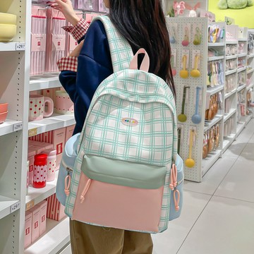 熱銷💯書包女高中生韓係ins小衆格子背包大容量結實耐用初中學生雙肩包 多層加厚雙肩包 後背包耐重輕量防潑水電腦 7QCO