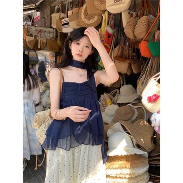 甜辣女夏季波點半身a字裙掛脖